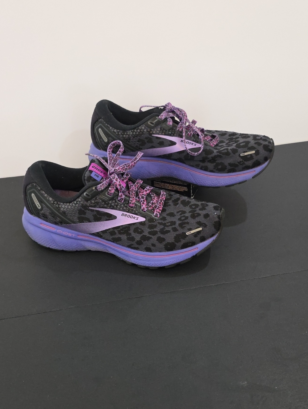 Brooks Ghost 14 Women’s Black & Purple Leopard-Print Running Shoes Size 8.5